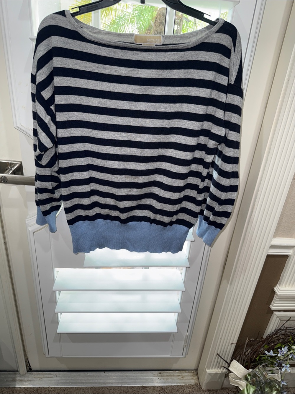 Michael Kors Navy, Light Gray & Light Blue Striped Scoop Neck Sweater